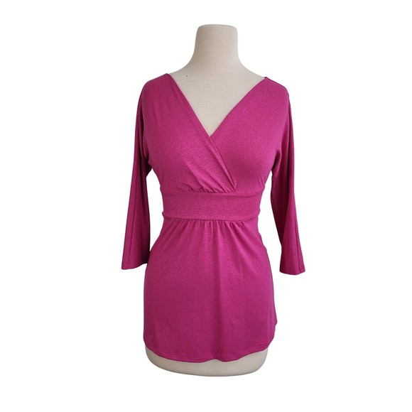 Express Tops - Y2K Express Pink Metallic Empire Waist V-Neck 3/4 Sleeve VBack Shimmer Top S New